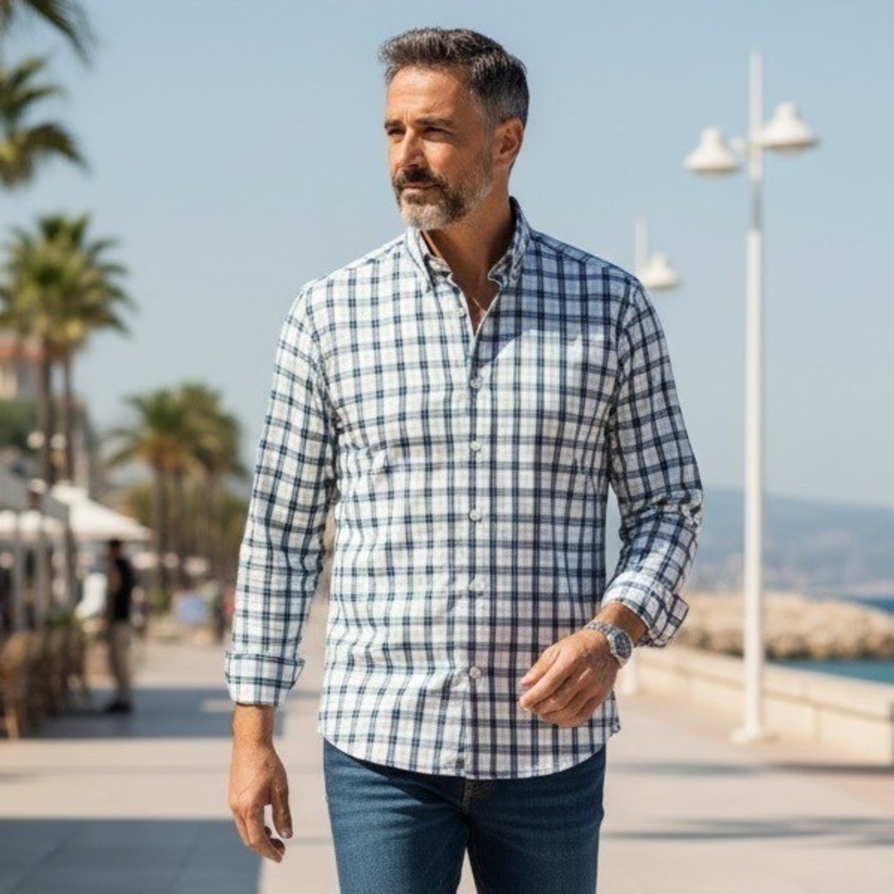 Mizzen+Main Leeward Trim Fit Plaid Performance Shirt White Navy Green 1WS-0564 S